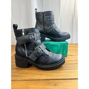 City Chick Sz 11 WIDE Women's Thalia Ankle Boots Black Chunky w/ Buckles EU 42